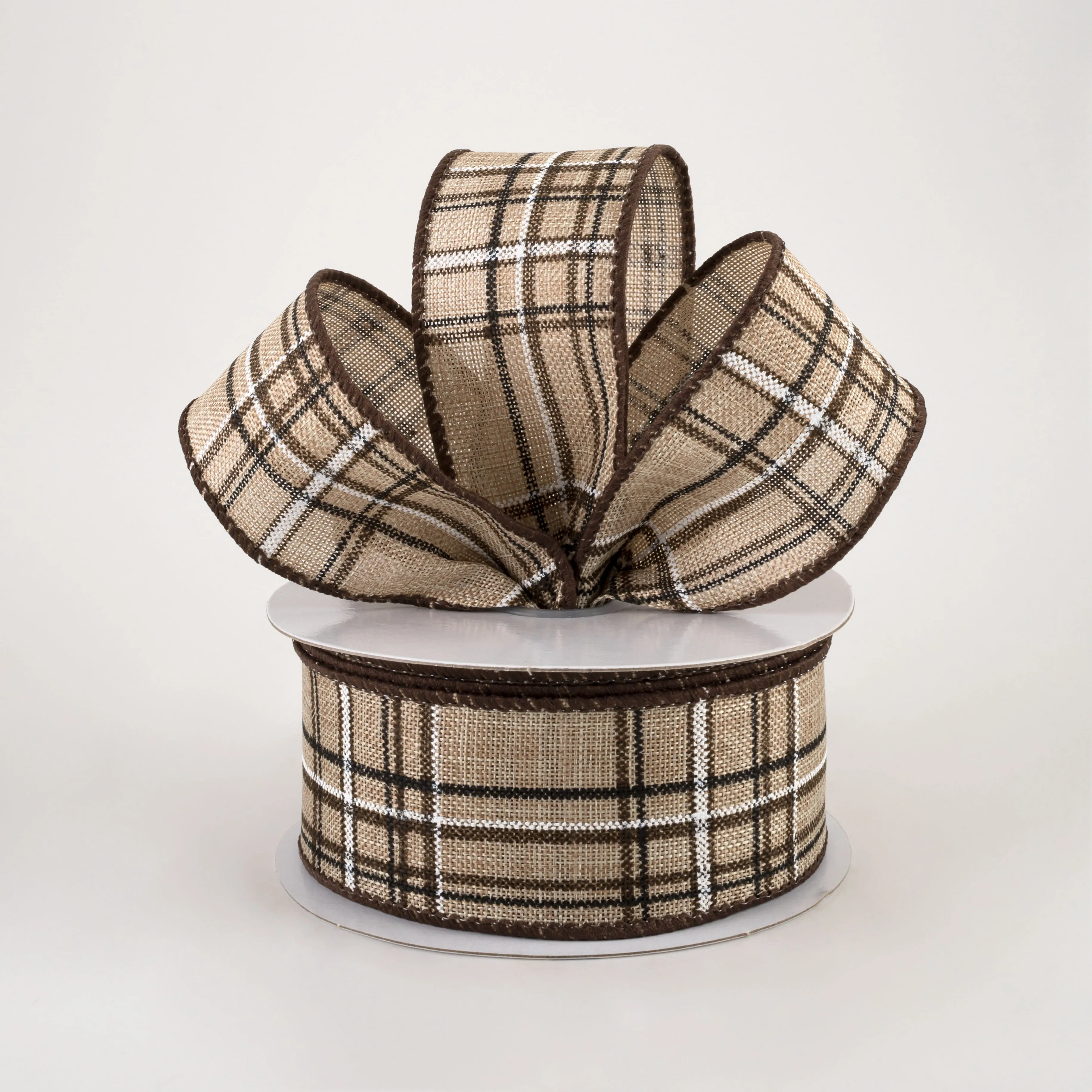 1.5" Cornelia Plaid Ribbon: Natural, Chocolate, Black (10 Yards)
