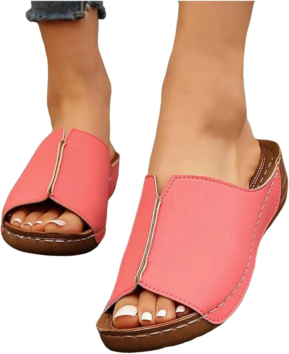 Beach Sandals Women Arch Support Flat Sandals Leather Platform Wedge Slide Slippers Walking Summer Shoes