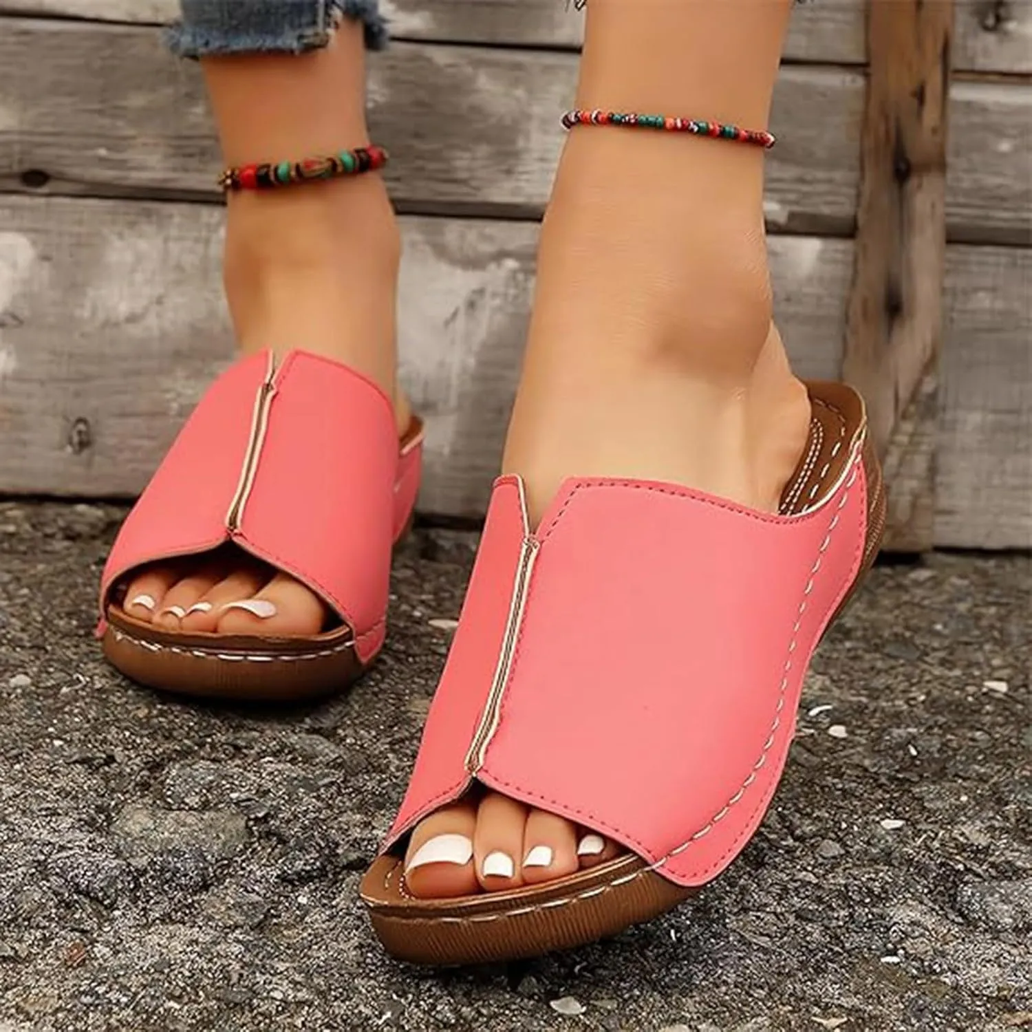Beach Sandals Women Arch Support Flat Sandals Leather Platform Wedge Slide Slippers Walking Summer Shoes