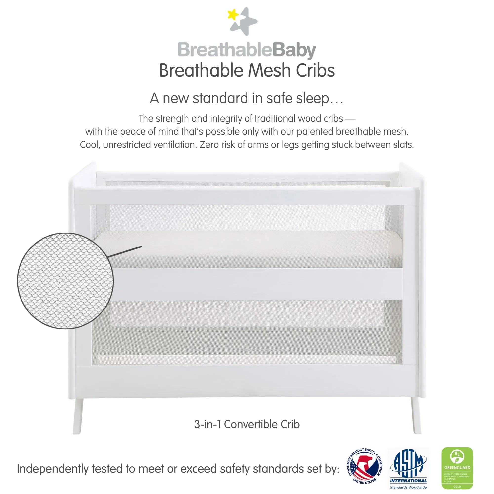 BreathableBaby Mesh 3-in-1 Convertible Crib - White