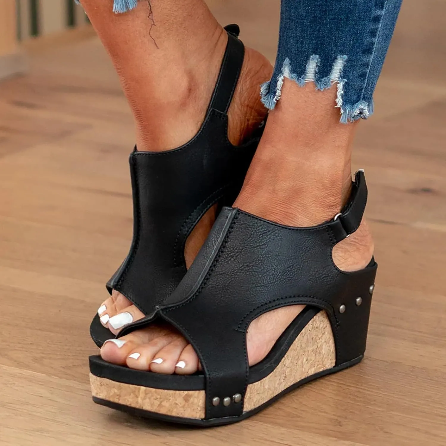 Cathalem Sandals Women Comfortable Platform Cork Wedges Espadrille Heel Strappy Leather Arch Support Sandals