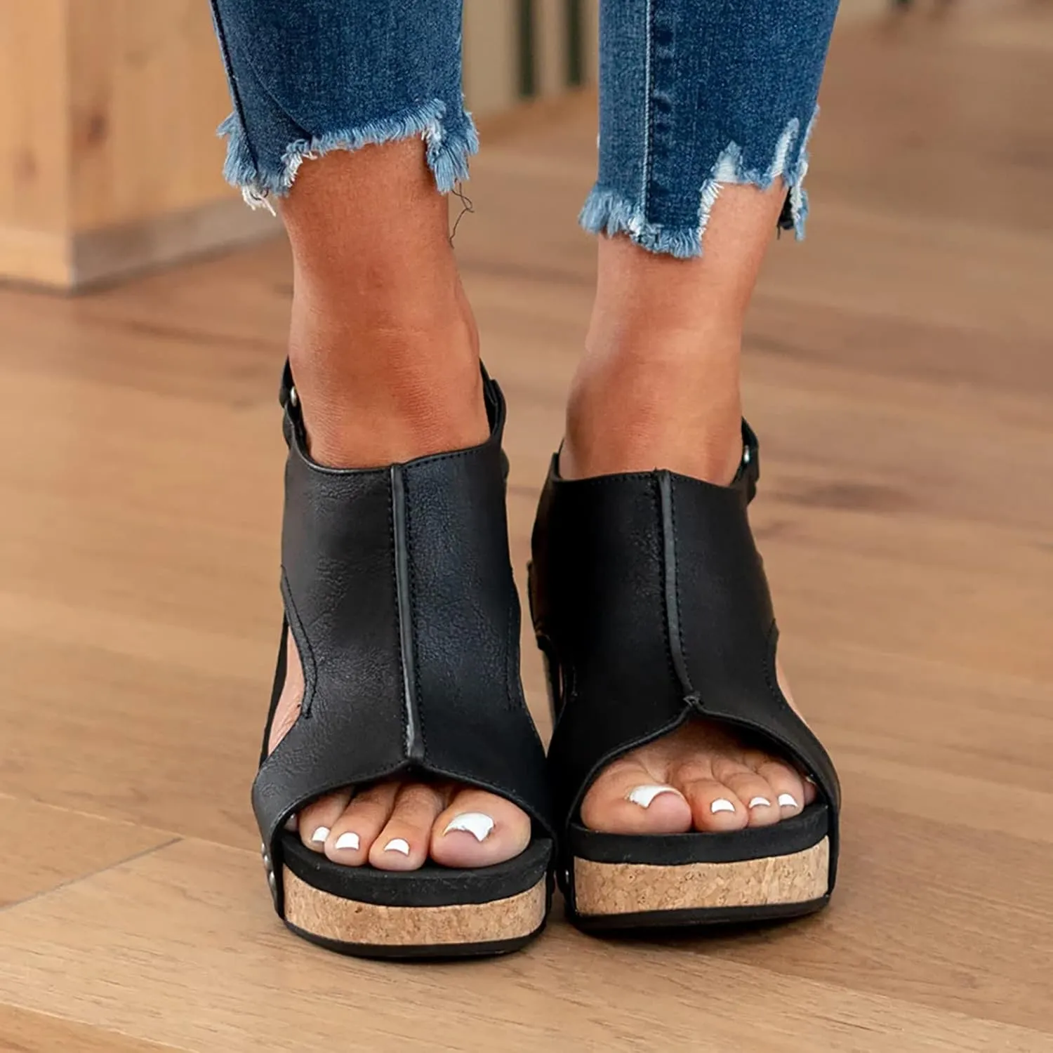 Cathalem Sandals Women Comfortable Platform Cork Wedges Espadrille Heel Strappy Leather Arch Support Sandals
