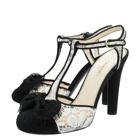 Chanel Bicolor Lace Bow T Ankle Strap Sandals 37.5