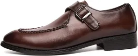 Dress Oxford Formal Shoes for Men Slip On Monk Strap Split Toe Burnished Toe Vegan Leather Slip Resistant Block Heel Non Slip Rubber Sole Walking (Color : Brown, Size : 7)