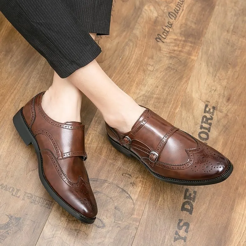 Dress Shoes for Men Slip On Pointed Toe Brogue Embossed Wingtips Double Monk Strap PU Leather Slip Resistant Rubber Sole Non Slip Anti-Slip Casual