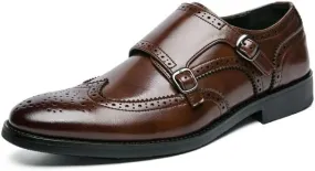 Dress Shoes for Men Slip On Pointed Toe Brogue Embossed Wingtips Double Monk Strap PU Leather Slip Resistant Rubber Sole Non Slip Anti-Slip Casual
