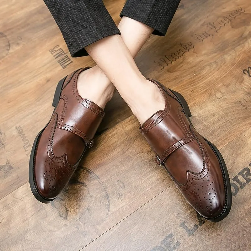 Dress Shoes for Men Slip On Pointed Toe Brogue Embossed Wingtips Double Monk Strap PU Leather Slip Resistant Rubber Sole Non Slip Anti-Slip Casual