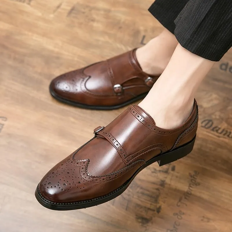 Dress Shoes for Men Slip On Pointed Toe Brogue Embossed Wingtips Double Monk Strap PU Leather Slip Resistant Rubber Sole Non Slip Anti-Slip Casual