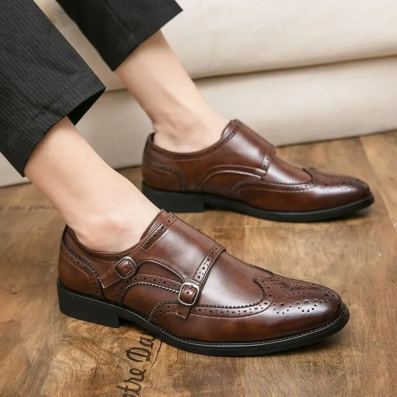 Dress Shoes for Men Slip On Pointed Toe Brogue Embossed Wingtips Double Monk Strap PU Leather Slip Resistant Rubber Sole Non Slip Anti-Slip Casual