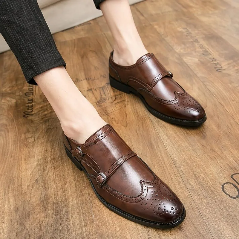 Dress Shoes for Men Slip On Pointed Toe Brogue Embossed Wingtips Double Monk Strap PU Leather Slip Resistant Rubber Sole Non Slip Anti-Slip Casual