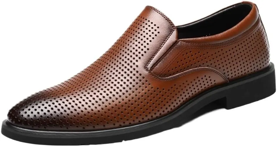 Dress Shoes for Men's Genuine Leather Oxfords Comfortable Wide Round Toe Non-Slip Casual Work Breathable Hollow Office Business