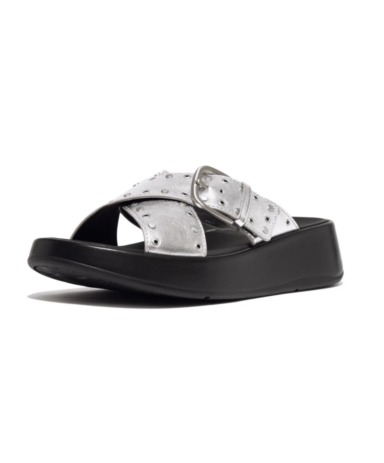 Fitflop F-Mode Buckle Stud M/Leather Flatform Cross Slide Silver