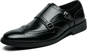 Formal Shoes for Men Slip On Double Monk Strap Brogue Embossed Wing tip Faux Leather Rubber Sole Resistant Non Slip Casual (Color : Black, Size : 11)
