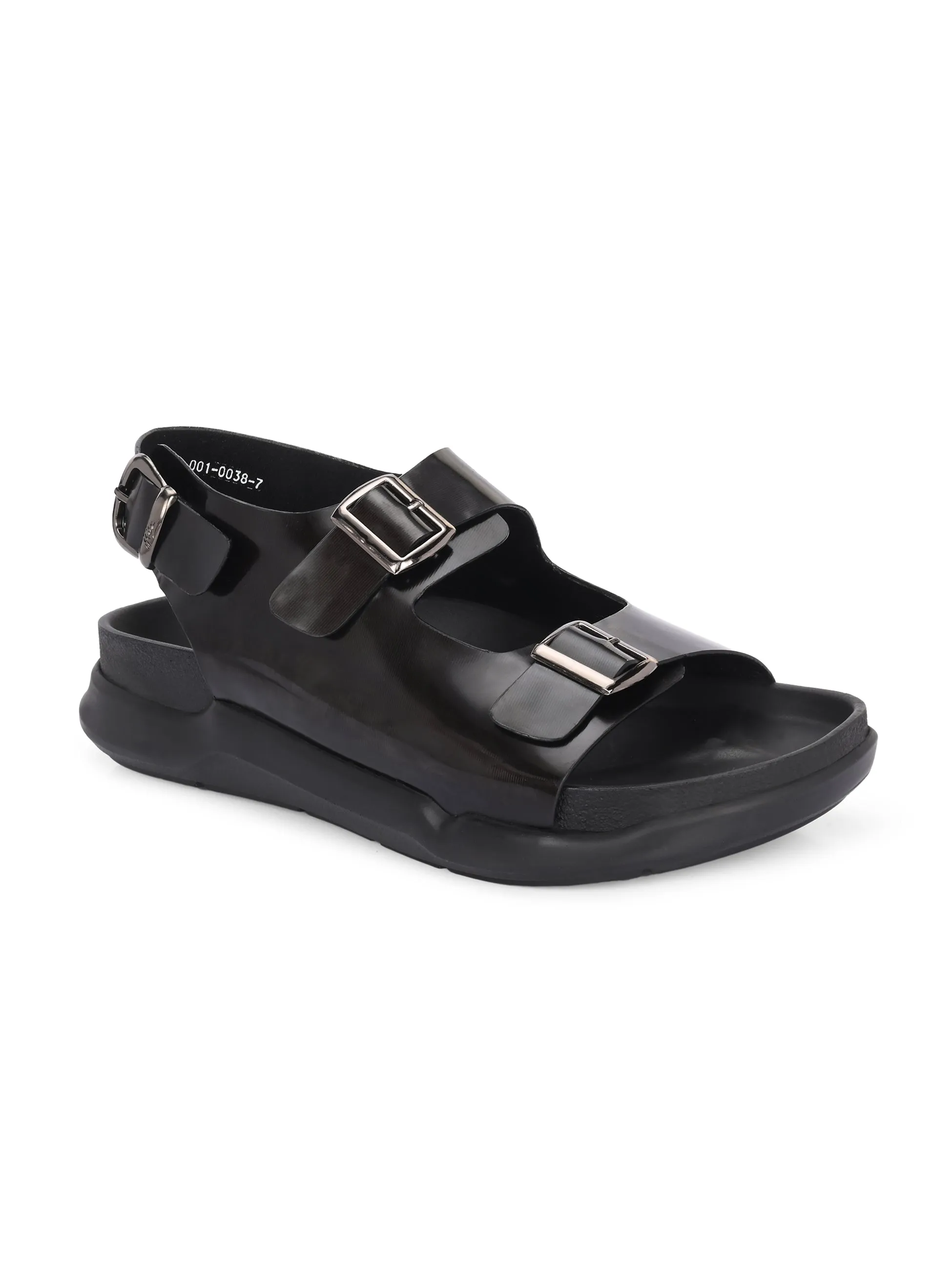 Hitz Men's Black Leather Daily Wear Sandals