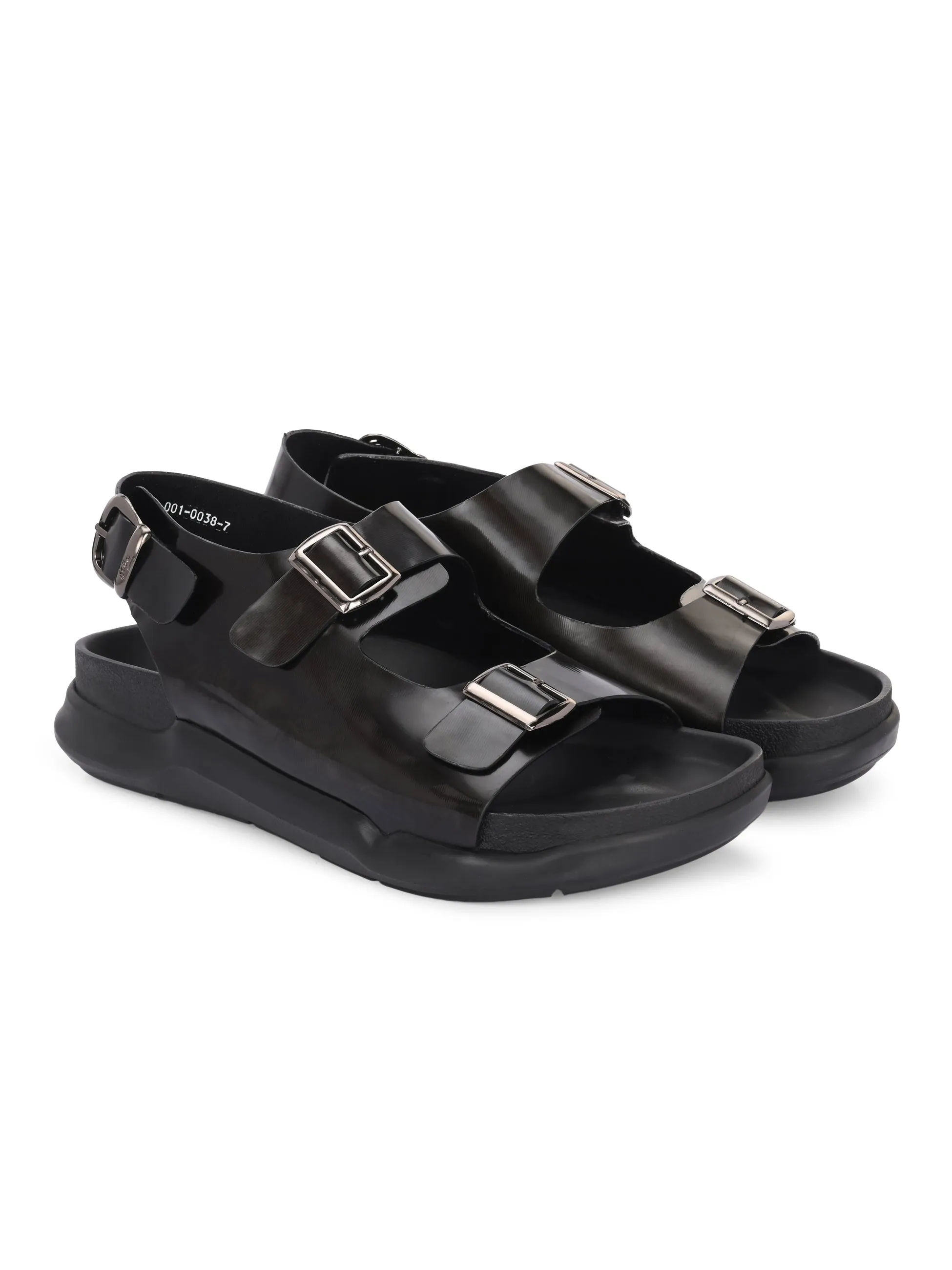 Hitz Men's Black Leather Daily Wear Sandals
