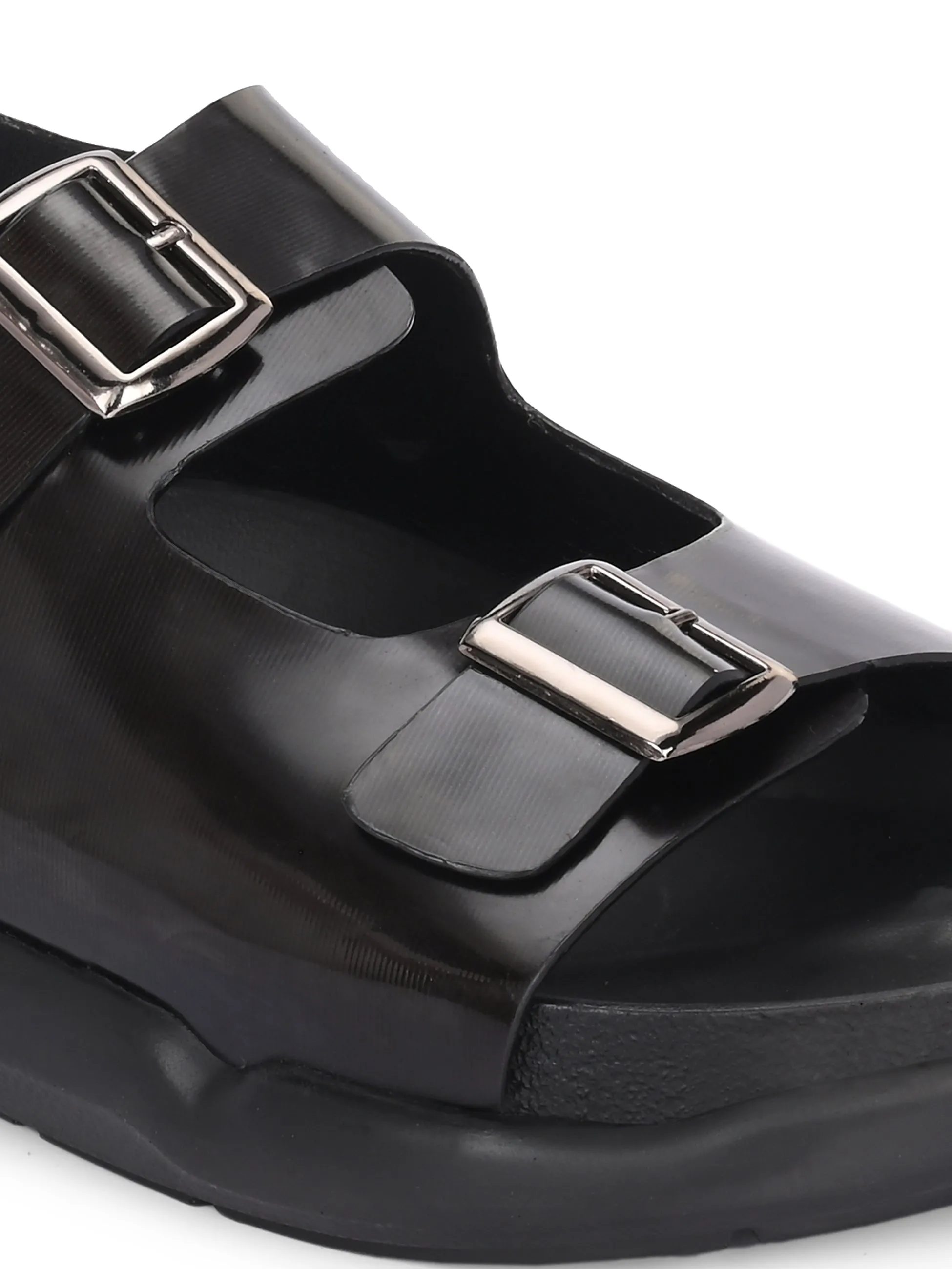 Hitz Men's Black Leather Daily Wear Sandals