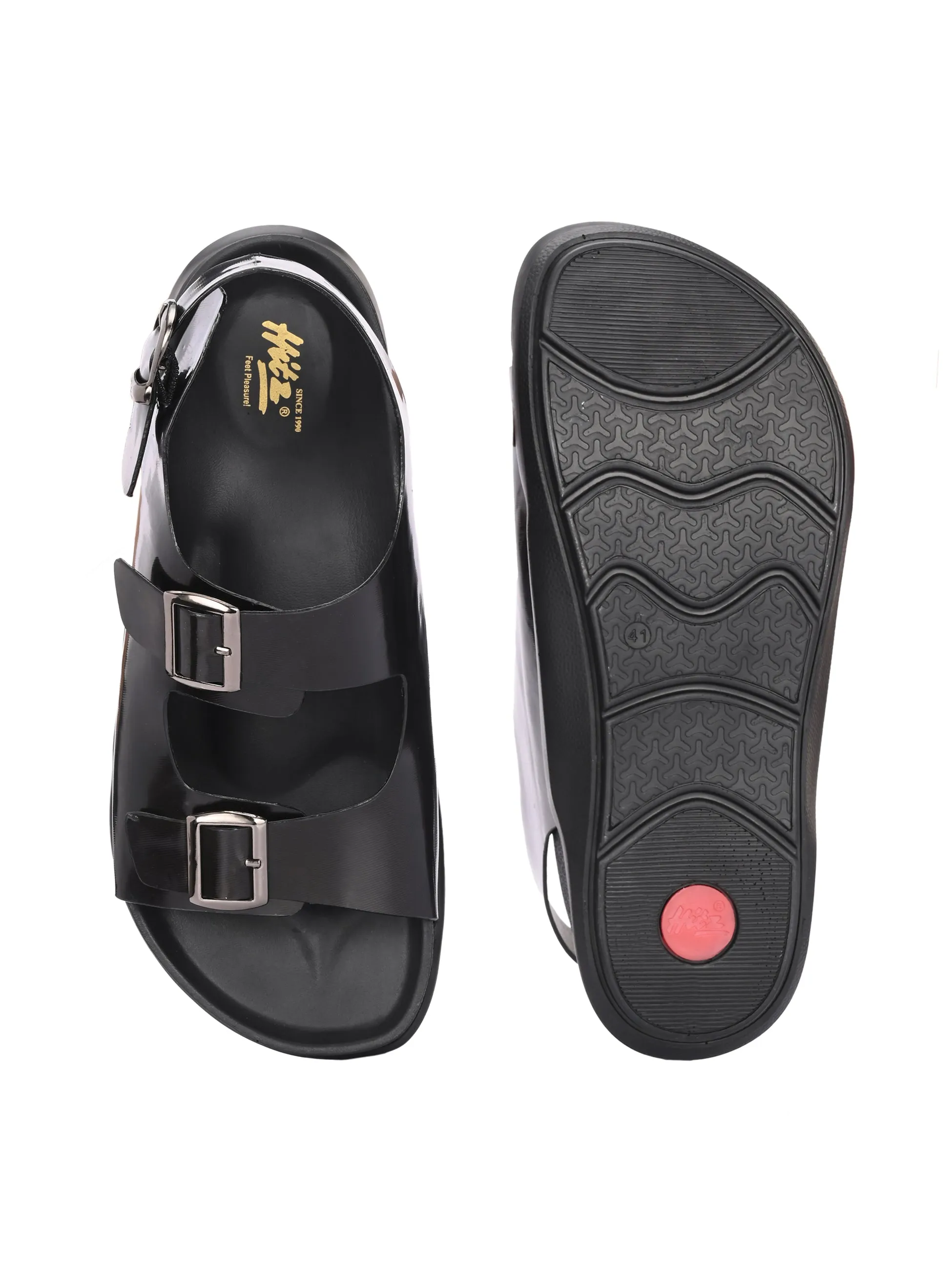 Hitz Men's Black Leather Daily Wear Sandals