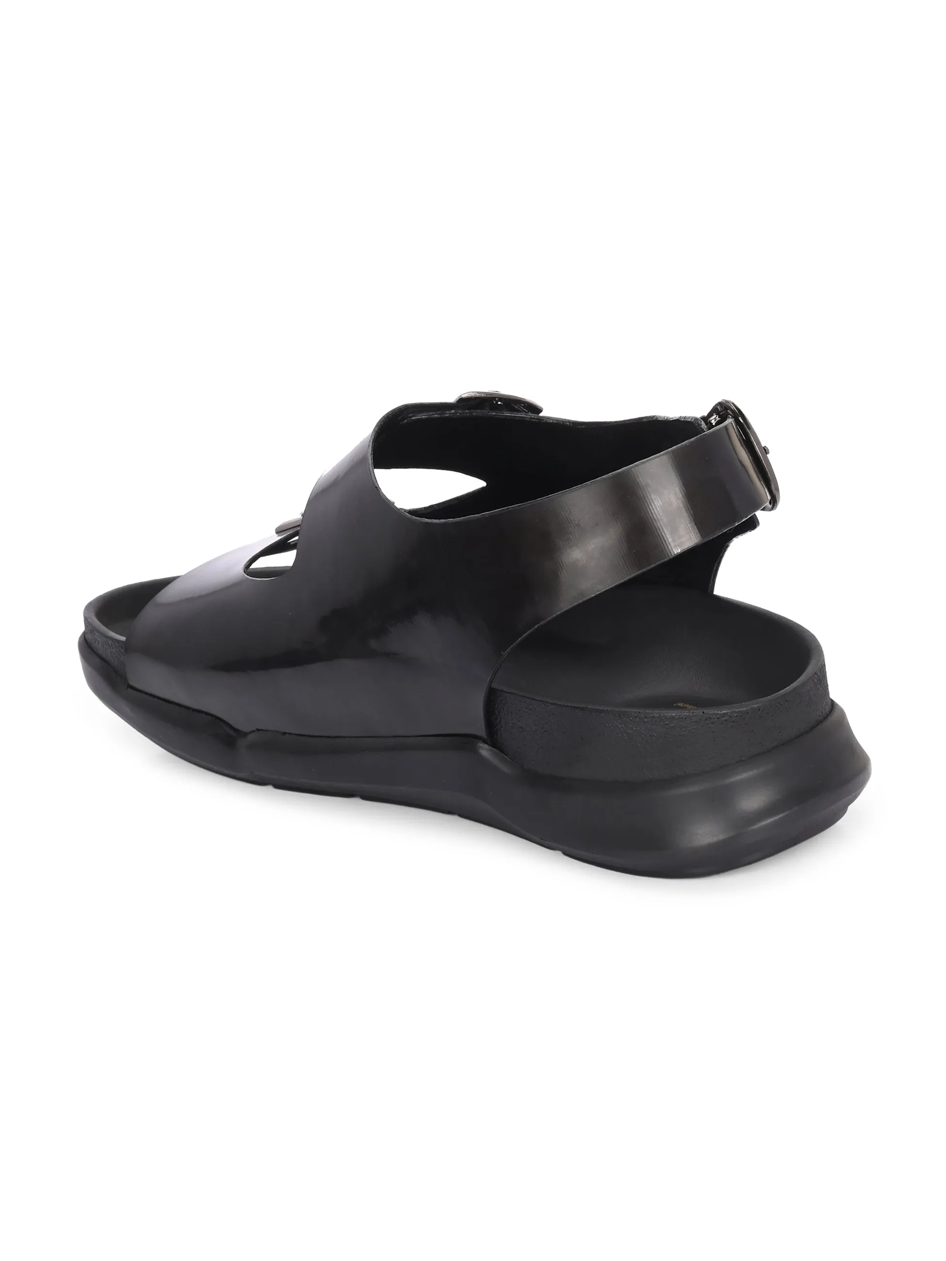Hitz Men's Black Leather Daily Wear Sandals