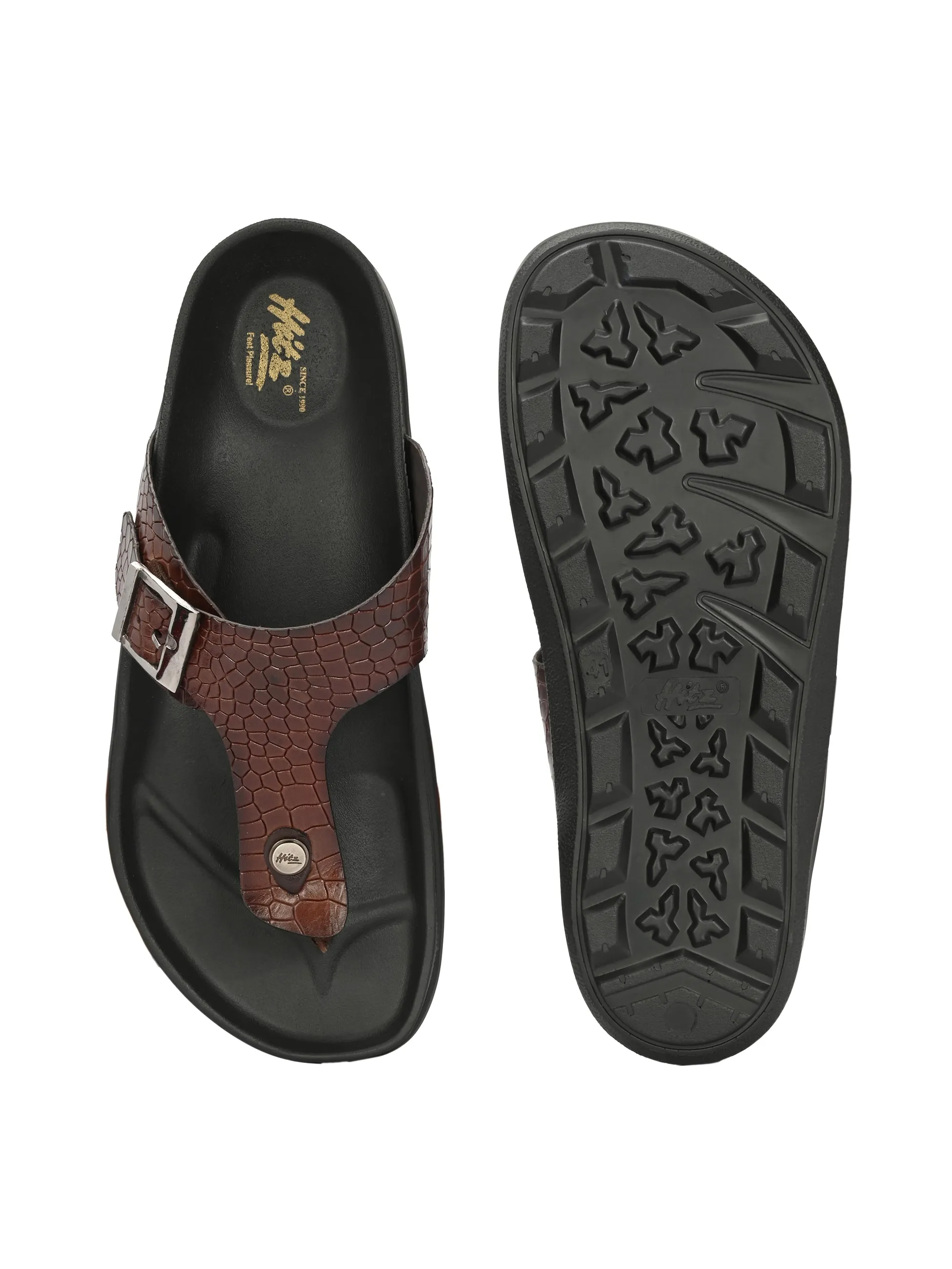 Hitz Men's Brown Leather Casual Daily Wear Slipper