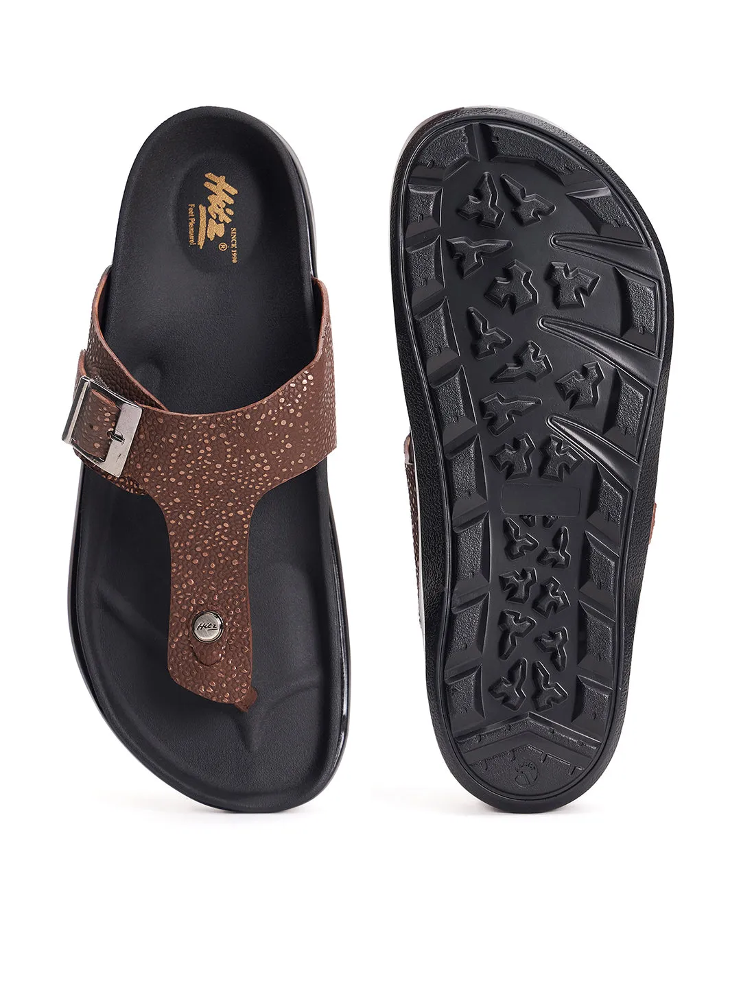 Hitz Men's Brown Leather Open Toe Slippers