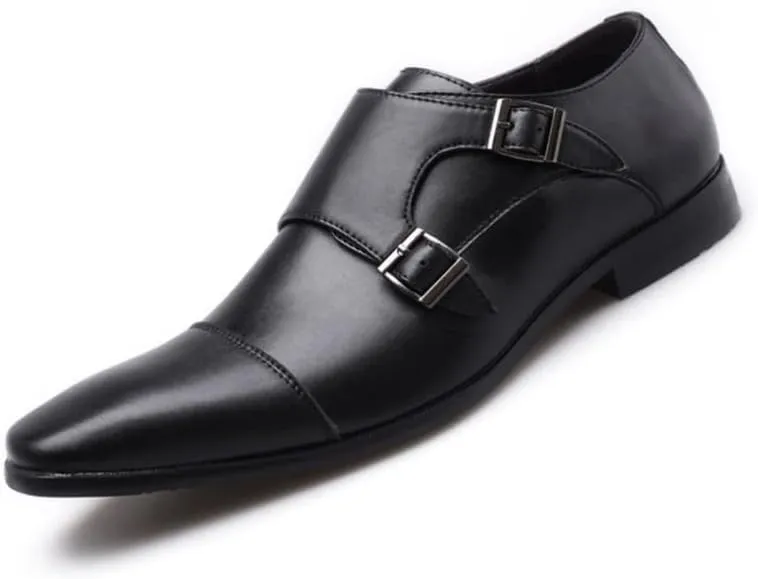 HOOENG Dress Oxford for Men Slip on Double Monk Strap Cap Toe PU Leather Slip Resistant Low Top Block Heel Anti-Slip Non Slip Casual