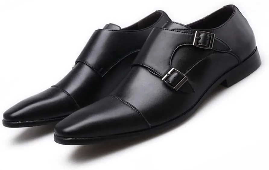 HOOENG Dress Oxford for Men Slip on Double Monk Strap Cap Toe PU Leather Slip Resistant Low Top Block Heel Anti-Slip Non Slip Casual