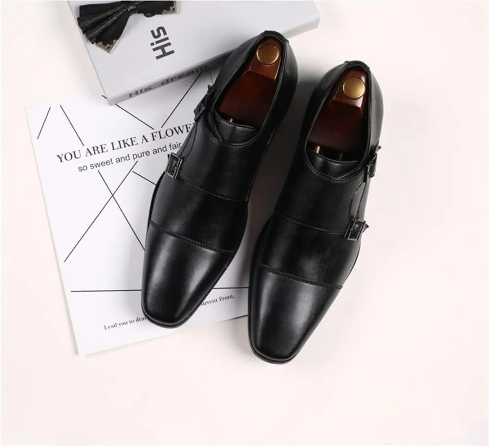 HOOENG Dress Oxford for Men Slip on Double Monk Strap Cap Toe PU Leather Slip Resistant Low Top Block Heel Anti-Slip Non Slip Casual