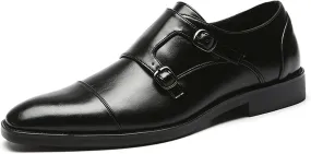 HOOENG Oxford Shoes for Men Slip on Monk Strap Cap Toe Black Burnished Toe PU Leather Anti-Slip Block Heel Rubber Sole Outdoor (Color : Black, Size : 8)