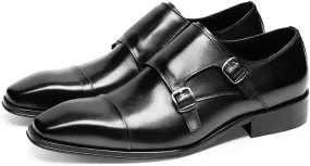 HOOENG Shoes Dress Oxford for Men Slip On Square Burnished Toe Double Monk Strap Cap Toe Genuine Leather Slip Resistant Low Top Rubber Sole Casual (Color : Black, Size : 6.5)