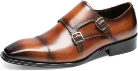 HOOENG Shoes Dress Oxford for Men Slip On Square Burnished Toe Double Monk Strap Cap Toe Genuine Leather Slip Resistant Low Top Rubber Sole Casual (Color : Yellow Brown, Size : 9)