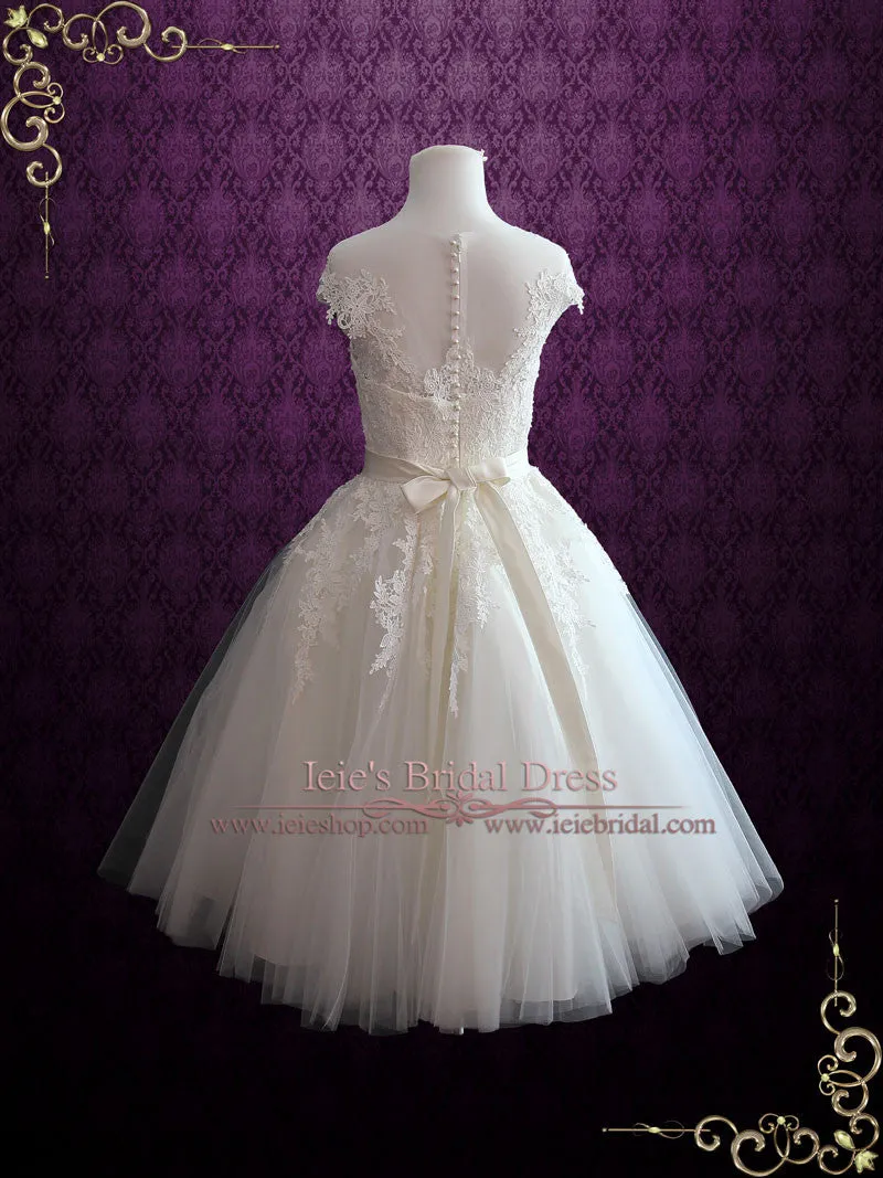Ivory Retro Tea Length Wedding Dress with Illusion Neckline ROSALIE