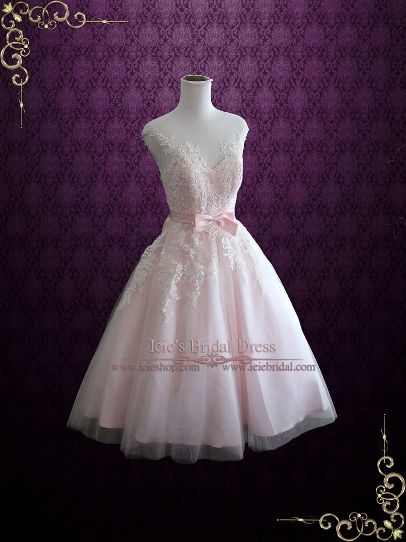 Ivory Retro Tea Length Wedding Dress with Illusion Neckline ROSALIE