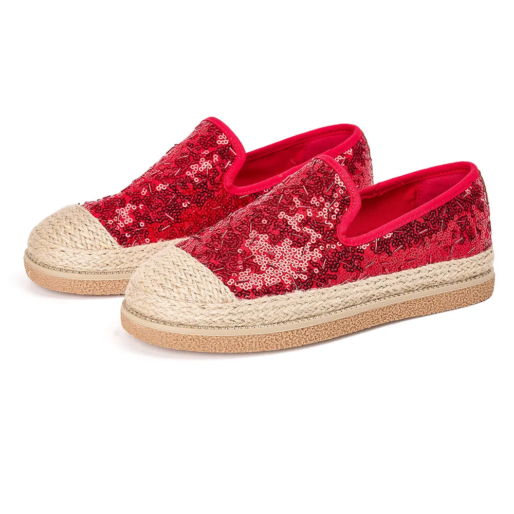 JOY&MARIO Handmade Women’s Slip-On Espadrille Sequins Mesh Loafers in Red-69280W
