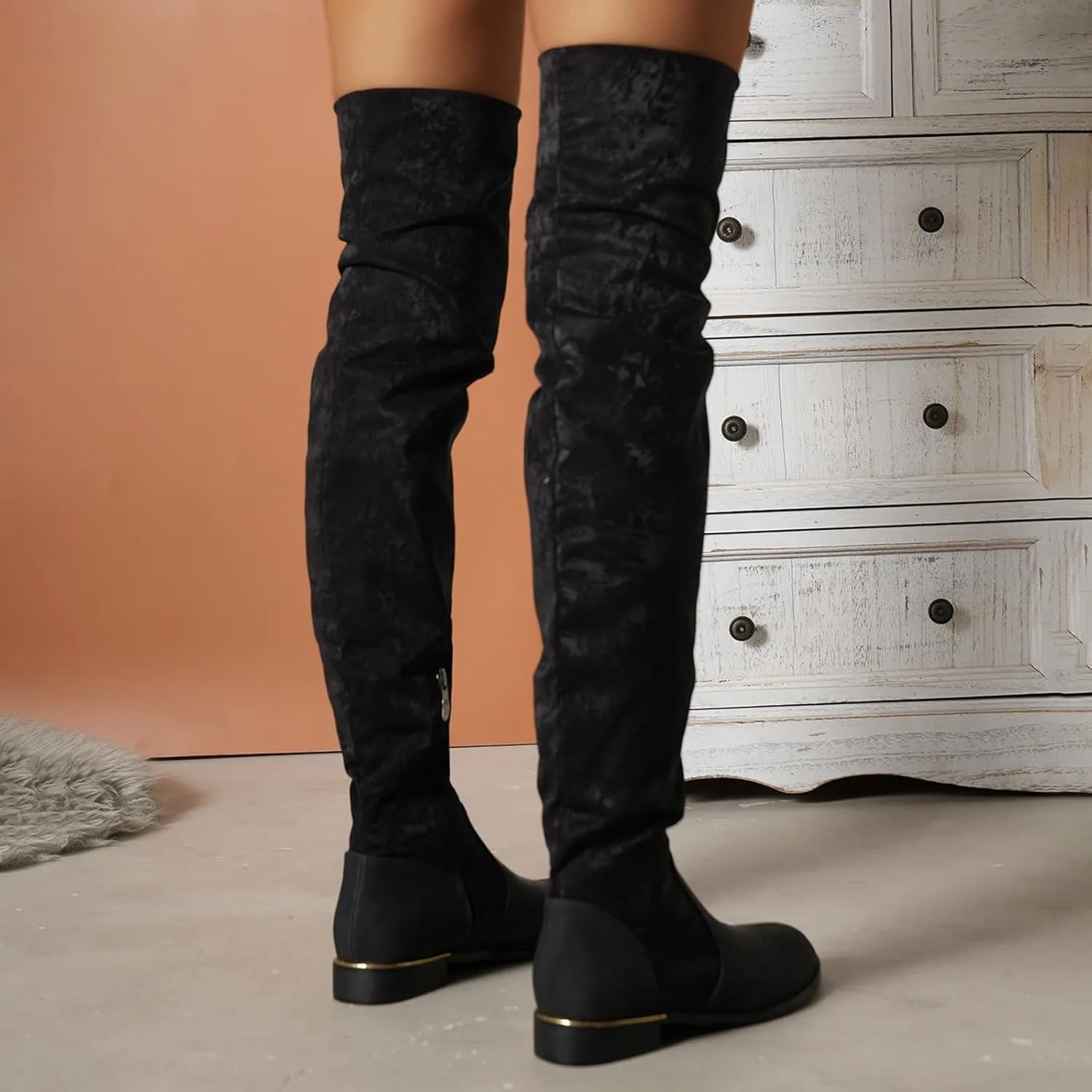 Knee Length Boots for Women's New European and Large Size Boots for Women's Foreign Trade Suede Stitching Thick Heels Fashion Boots Thigh High Platform Boots for Women