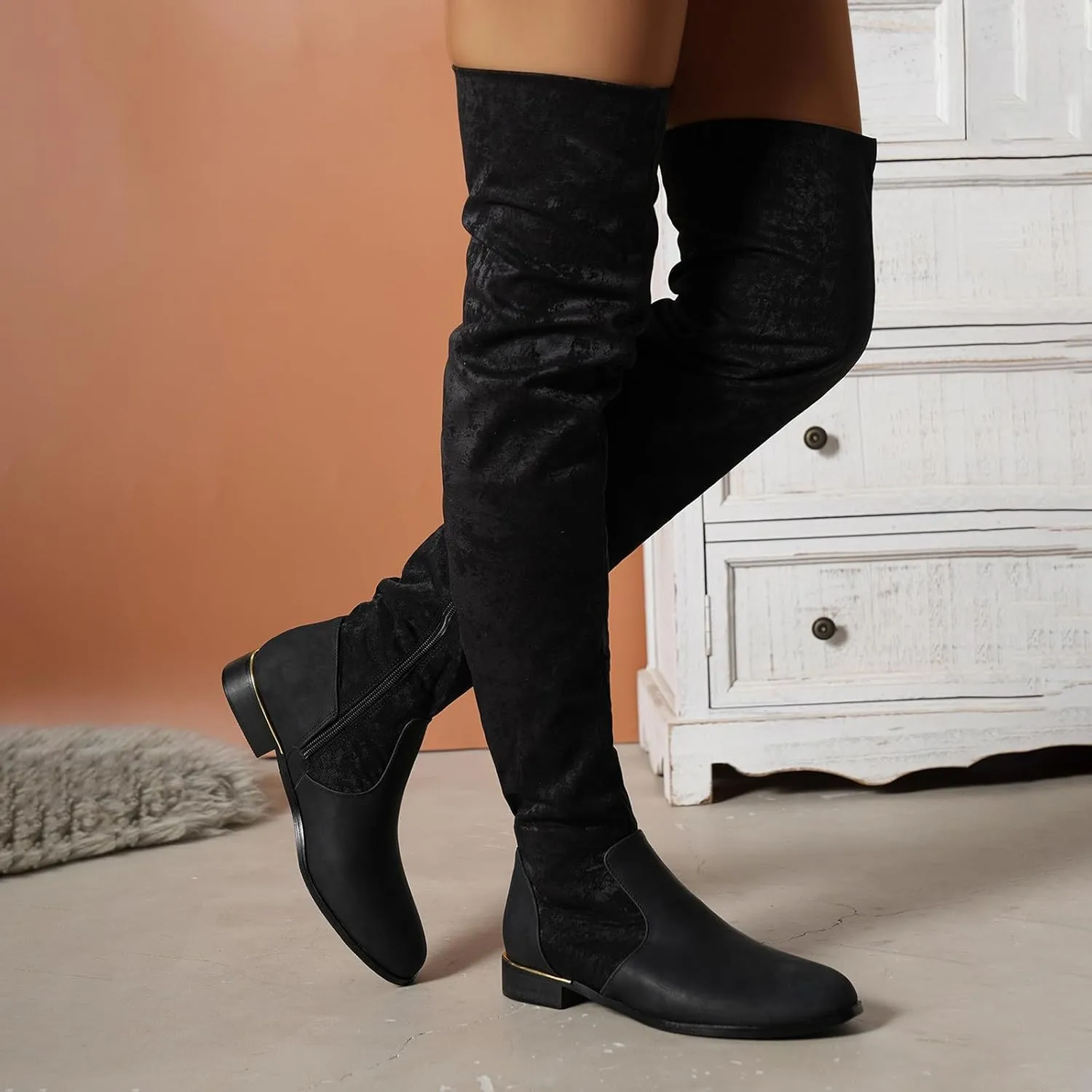 Knee Length Boots for Women's New European and Large Size Boots for Women's Foreign Trade Suede Stitching Thick Heels Fashion Boots Thigh High Platform Boots for Women