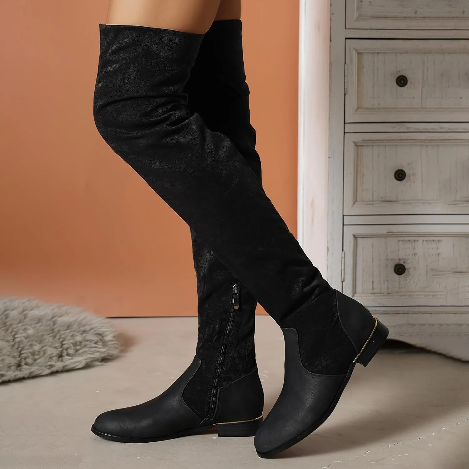 Knee Length Boots for Women's New European and Large Size Boots for Women's Foreign Trade Suede Stitching Thick Heels Fashion Boots Thigh High Platform Boots for Women