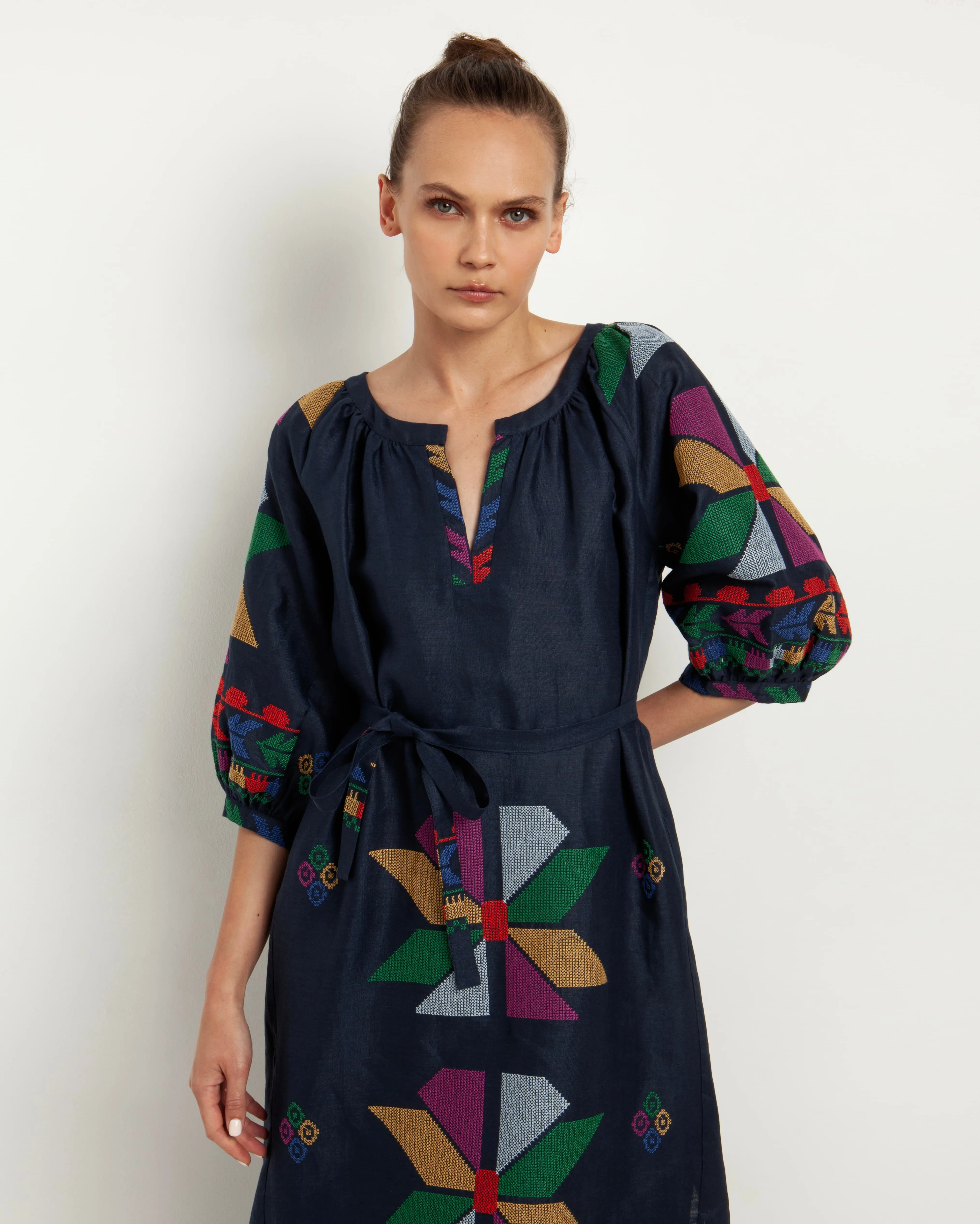 Kori Navy Belted Linen Dress