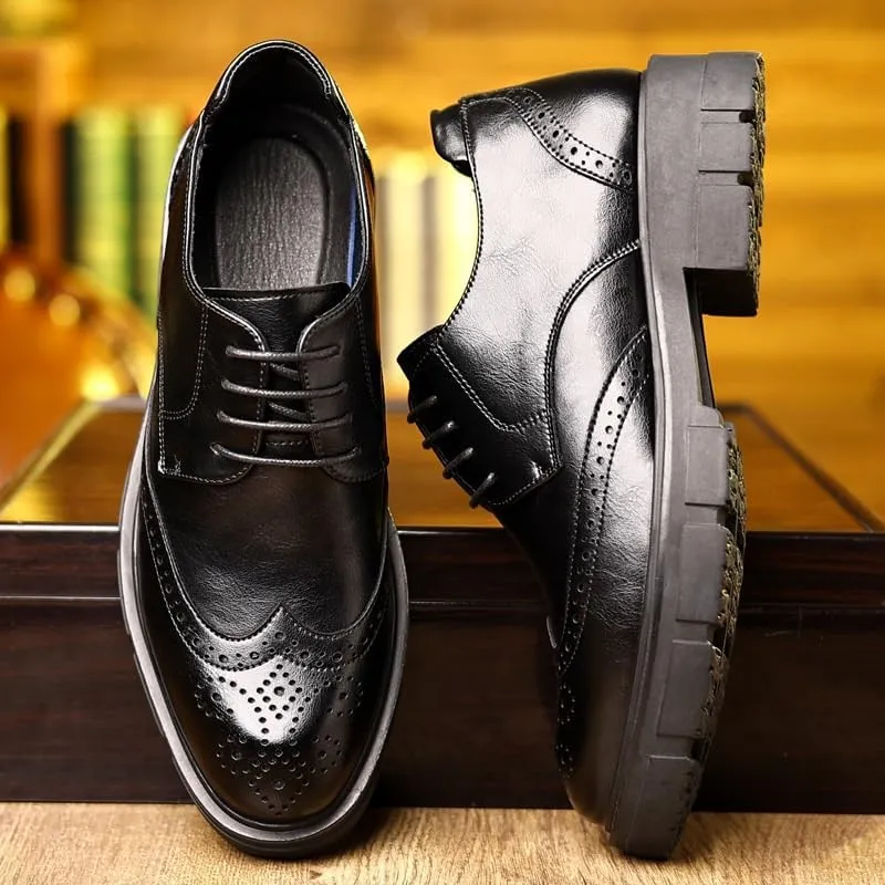 Men's Classic Lace-up Formal Oxfords Round Toe Lug Sole Non-Slip Lace-Up Business Leather Shoes