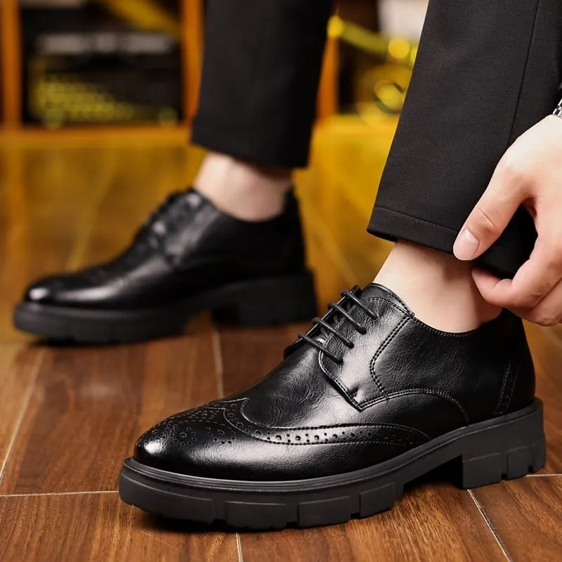 Men's Classic Lace-up Formal Oxfords Round Toe Lug Sole Non-Slip Lace-Up Business Leather Shoes