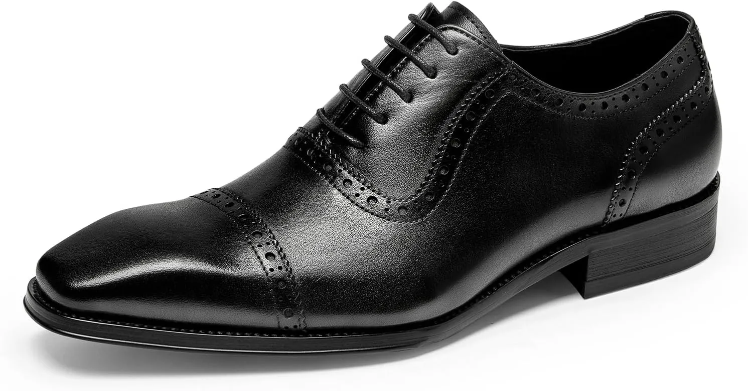 Men's Dress Shoes Semi Brogue Oxford Business Casual Leather Shoes - Genuine Full Grain Leather, Comfortable Slip-Resistant Sole, Classic Wingtip Design for Men