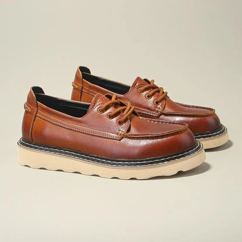 Men's Genuine Leather Lace Up Oxfords Comfort Wide Round Toe Non-Slip Dress Shoes for Business Office & Casual