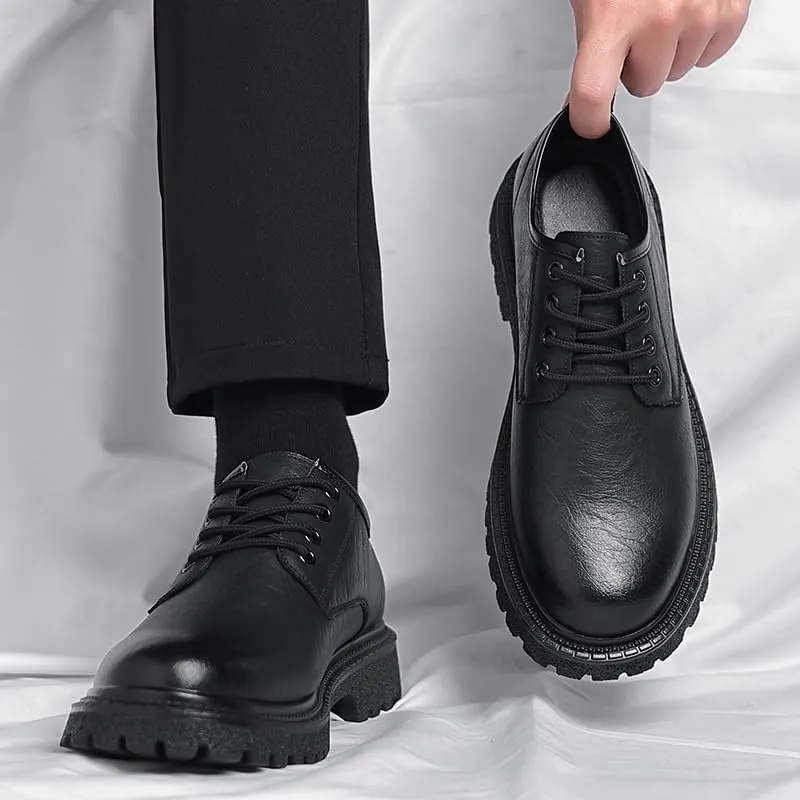 Men's Leather Platform Formal Derby Shoes Luxury Round Toe Lug Sole Lace Up Dress Shoes