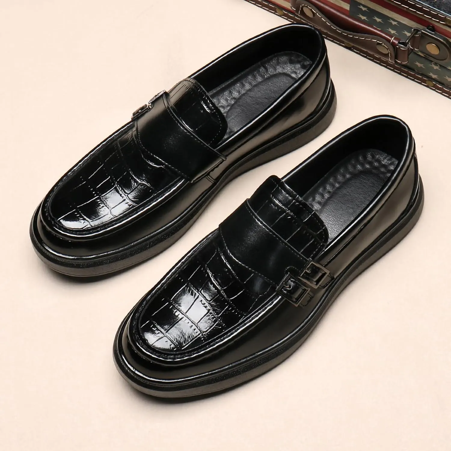 Men's PU Leather Croc-Embossed Double Monk Strap Loafers – Lightweight Slip-On, Flat Non-Slip Sole, Formal & Casual Driving Shoes
