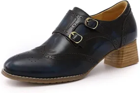 Mona flying Womens Leather Chunky Heel Monk Strap Oxfords Wingtip Ladies Mid Heel Dress Loafers Pumps Shoes with Buckle