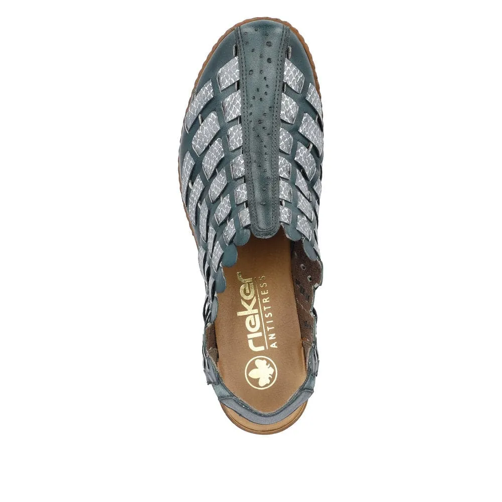 Rieker 46778-10 Ladies Blue & Silver Leather Slip On Sandals
