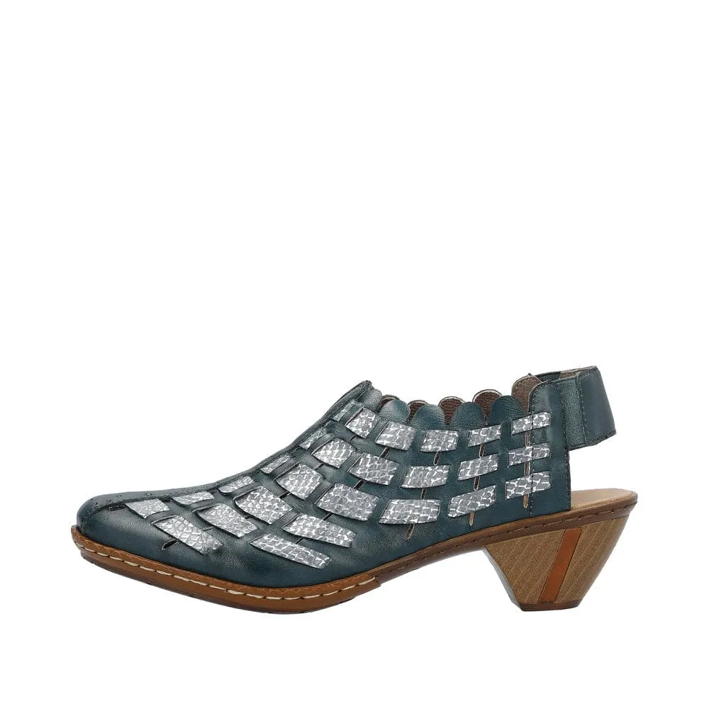 Rieker 46778-10 Ladies Blue & Silver Leather Slip On Sandals
