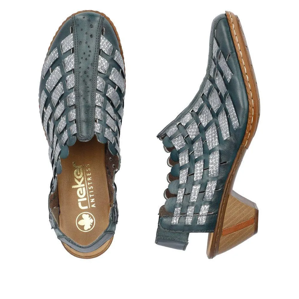 Rieker 46778-10 Ladies Blue & Silver Leather Slip On Sandals