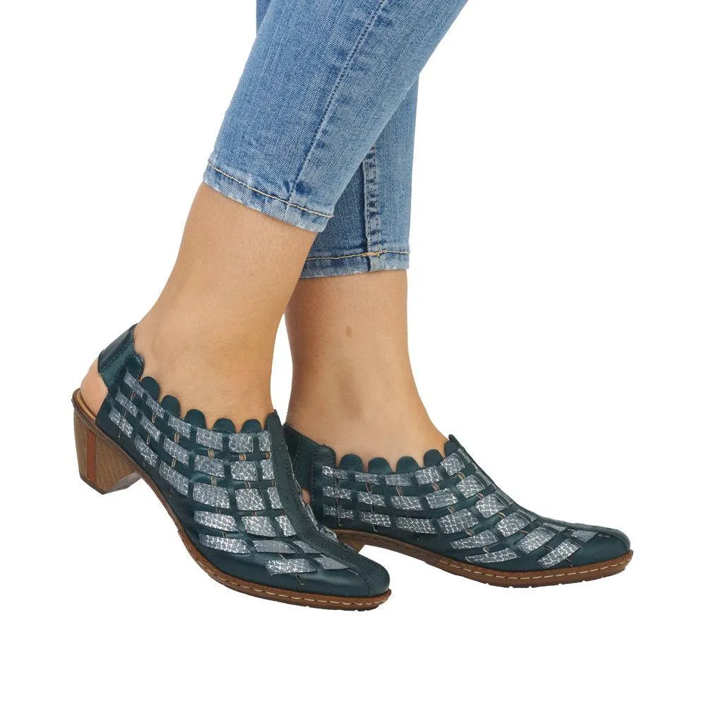 Rieker 46778-10 Ladies Blue & Silver Leather Slip On Sandals