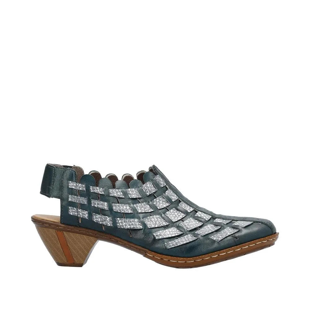 Rieker 46778-10 Ladies Blue & Silver Leather Slip On Sandals