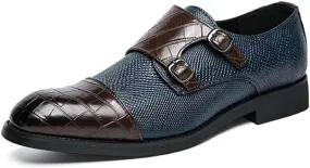 Single Season Formal Dress Shoes for Men Slip On Double Monk Strap Cap Toe PU Leather Anti-Slip Non Slip Low Top Casual Very Popular Among Young People (Color : Brown Blue, Size : 12)